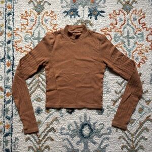 American Eagle Camel brown cropped Ribbed Long Sleeve mock neck Top Small